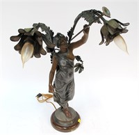 23" Art Noveau-style figural lamp, woman blowing