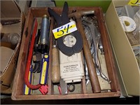 WOOD TOOL BOX, TO INCLUDE, HAMMERS, VICE GRIPS,