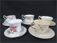 5 ASSORTED BONE CHINA CUS W/ SAUCERS