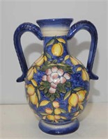 Stoneware Vase Blue w/Fruit Design