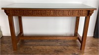 Solid Oak table with “In Remembrance Of Me” on