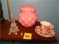Pink Lidded Vase, Tea Cup & Saucer
