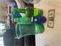 green and blue vases/bottles