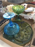 GREEN/ BLUE GLASS--RELISH TRAY, BOWLS