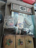 Advertising boxes, bottles, wood sewing cabinet--