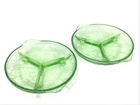 2 Vtg Footed Uranium Glass Divided Dishes