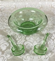 Green Glass Serving Bowl and Ladles