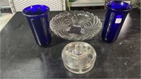 Caprice Bowl, Divided Dish, Two Blue Vases