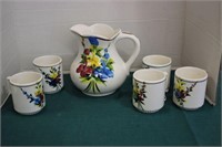 FLORAL PAINTED PITCHER W/5 CUPS