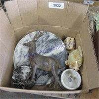 Assorted marble rounds, fish, candle holder,