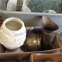 Brass pitcher, planters, ceramic vase