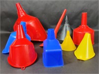 Nine Various Plastic Funnels of Different Sizes