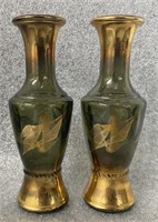 Vtg Mid-Century Green Vases w/Metallic Gold Design