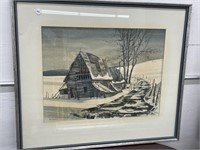 framed art, barn in winter, 29 1/2 x 25 1/4 by