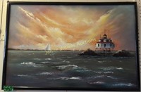 C. Carlson Oil On Canvas Lighthouse Painting With