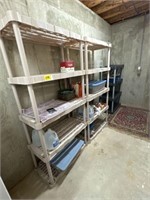 3 plastic shelving units with contents
