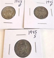 1945 P, 1945 D,1945 S Jefferson Silver War Nickels