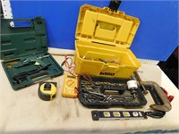 Plastic tool box, c-clamps, misc sockets, qty of