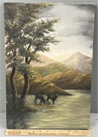 Deer in River Landscape Oil Painting on Canvas