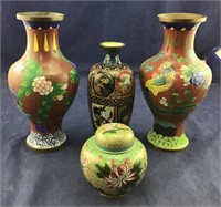 Two Matching Cloisonne Brown Background Vases,