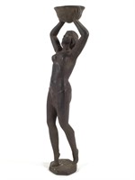 Cast Iron Female Nude w Basket Over Head 17" H