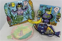 Colorful 4 Pottery Art Cat Plates, Fish Dish