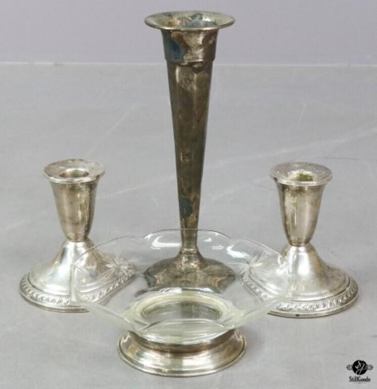 Sterling Weighted Base Candlesticks, Vase + / 4 Pc
