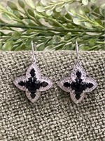 Black Onyx Flower Style Sterling Silver Earrings