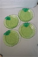 4 Pcs Vntg Green Glass Leaf Shape Plates