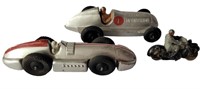 TWO VINTAGE DINKY RACE CARS AND MOTORCYCLE