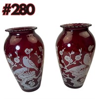 2 Royal Ruby Vases Bird Themed, Vintage