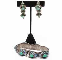 Chinese Silver Bracelet & Turquoise Earrings, 2