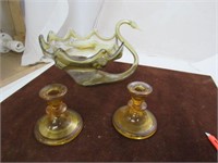 Glass Swan and Amber Glass Candle Holders
