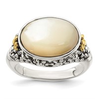 Sterling Silver- 14 Kt Floral Mother Of Pearl Ring