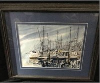 Signed Lithograph of Boats Docked in the Harbor