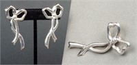 Silver Bow Tie Earrings & Brooch/Pendant Set
