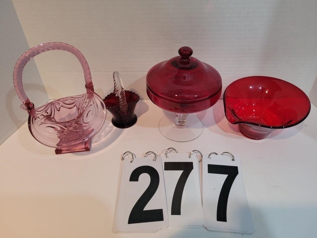 Various Red Glass ~ Basket ~ Dish W/Lid