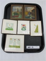 TRAY LOT OF 6 SMALL VINTAGE FRAMES AND ART