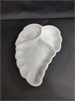 Milk Glass 3 section leaf dish with red handle -