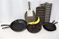 5 Cast Iron Skillets 'SK' + 3 Cornbread Pans