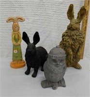 Yard Bunnies and owl. Big bunny has chip