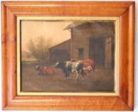 OIL ON CANVAS COWS W/ BARN, SIGNED LOWER