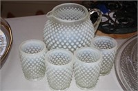Hobnail pitcher and four glass set