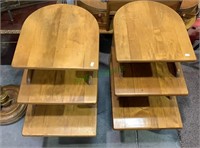 Pair of step back end tables with a wood barrel
