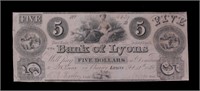 $5 Obsolete bank note, Bank of Lyons, New York,