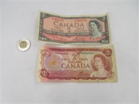 2 billets de 2$ Canada 1954 et 1974