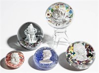ASSORTED SULPHIDE PAPERWEIGHTS, LOT OF FIVE,