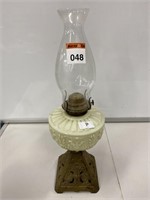 Milk Glass Kerosene Lamp with Cast iron Base -