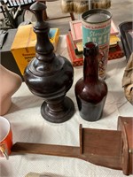 Antique Bottle & Handmade Wooden Urn