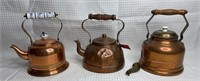 3 Vintage Copper Tea Kettles, incl. Agus & one w/
